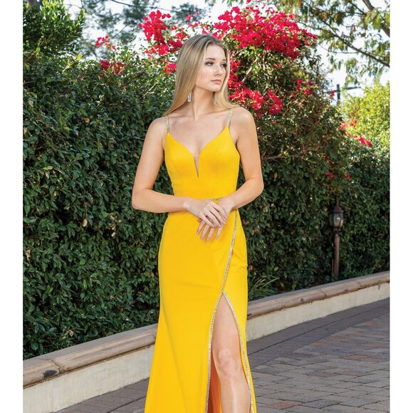 New Rhinestones Embellihsed Maxi Graduation Satin Dress w/ Lace Up Back DQ 4271 - Picture 1 of 9